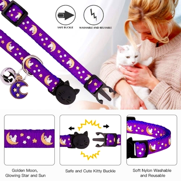 Baeuppit 2-PCS Breakaway Cats Collars with Moons Stars Bell & Glow in The Dark - Picture 6 of 7